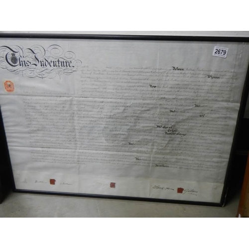 2679 - A good early framed and glazed stamped indenture, COLLECT ONLY.