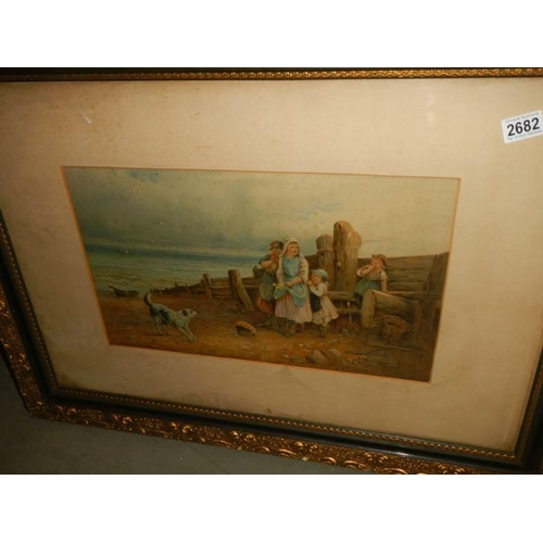 2682 - An early framed and glazed study of children on a beach, COLLECT ONLY.