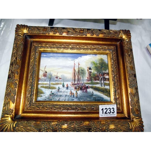 1233 - 2 Dutch scene oil on board paintings in gilt frames (image 16.5cm x 11.5cm, frame 30.5cm x 25.5cm)