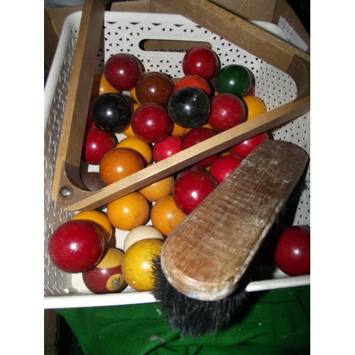 1303 - 2 boxes of snooker table parts including pockets, balls, triangle etc COLLECT ONLY