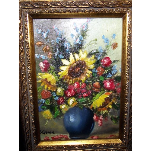 1311 - A gilt framed oil on board of still life vase of flowers image 11cm x 16cm, frame 30.5cm x 25.5cm