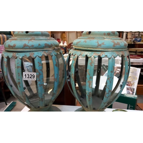 1329 - A pair of Verdigris metal garden lanterns, 49cm high, COLLECT ONLY