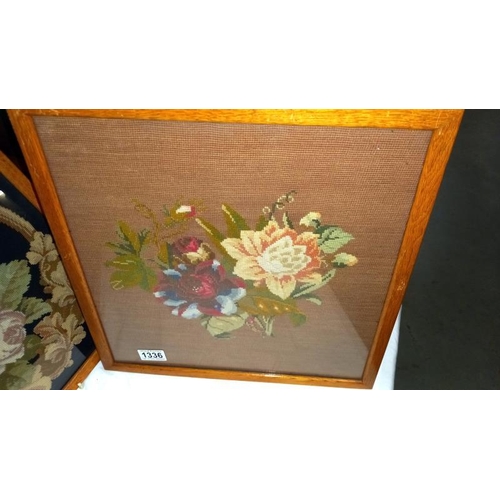 1336 - 2 vintage oak glazed framed wool work tapestries, 40cm x 37cm x 40cm, COLLECT ONLY