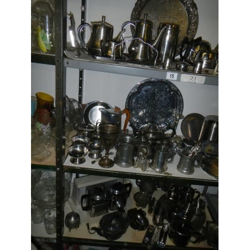 15 - Three shelves of assorted metal ware including tea sets, trays etc., COLLECT ONLY.