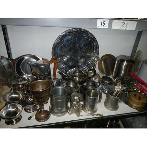 15 - Three shelves of assorted metal ware including tea sets, trays etc., COLLECT ONLY.