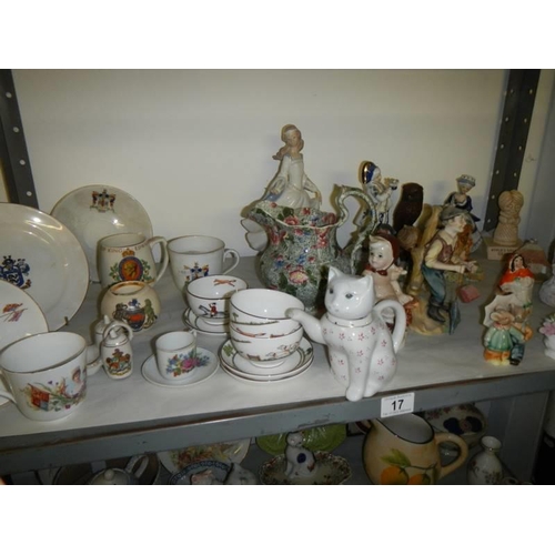 17 - Three shelves of assorted ceramics, tea ware, figures etc., COLLECT ONLY.