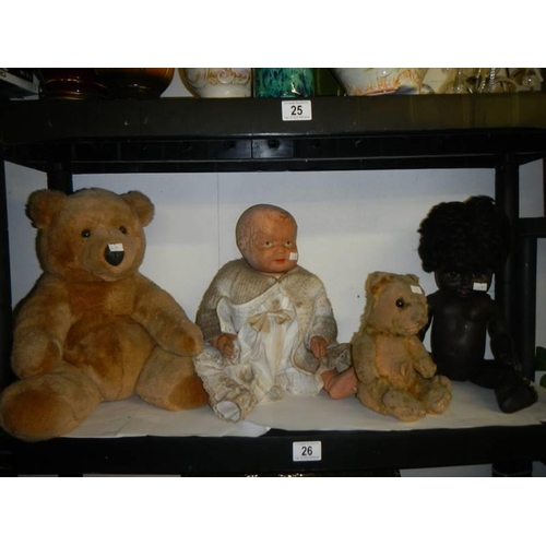 26 - Two vintage dolls and two teddy bears.