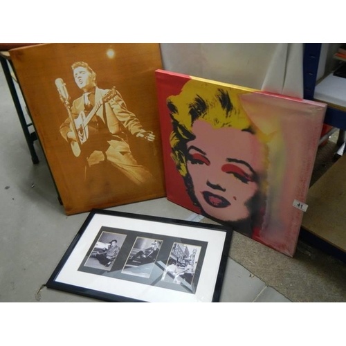 41 - A Marylin Monroe picture on canvas and two Elvis pictures.