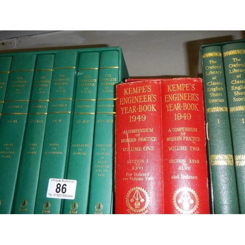 86 - Six volumes 'The Complete Peerage', Two Kemp's Engineering year book 1949 etc.,