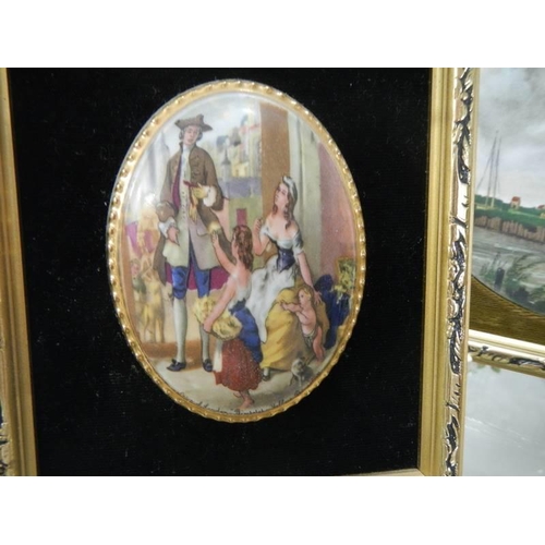 184 - Two gilt framed oval plaques and a gilt framed windmill scene.