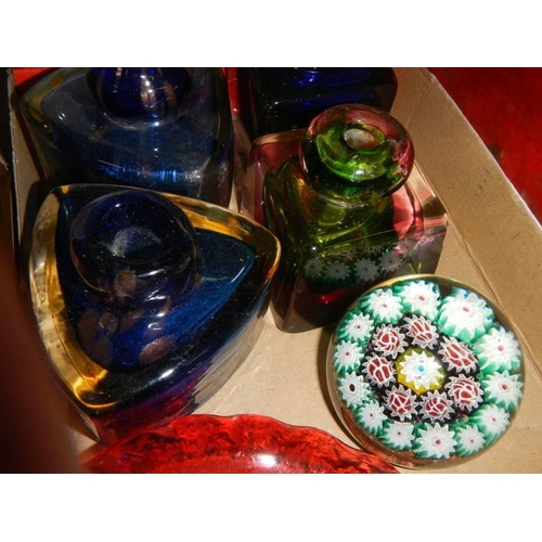 248 - A millifiori paperweight and four glass inkwells etc.,