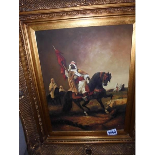 2860 - A gilt framed painting on board featuring a horse and rider, COLLECT ONLY.