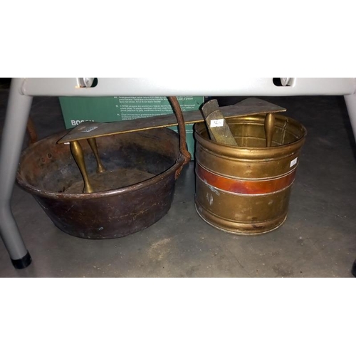 1362 - A Victorian brass jam pan and fire front/trivet plus copper bound brass bin COLLECT ONLY