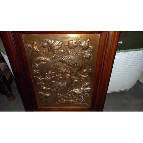 1381 - A framed hammered copper plaque depicting birds 29cm x 39cm frame 43cm x 62cm COLLECT ONLY