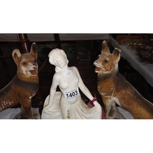 1403 - A pair of early 20c chalkware Alsatian type dogs and an art deco plaster figure, all a/f Figure heig... 