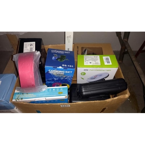 1445 - A quantity of 'new' items in boxes including rechargeable torches, water bottle, camping lamp, flash... 