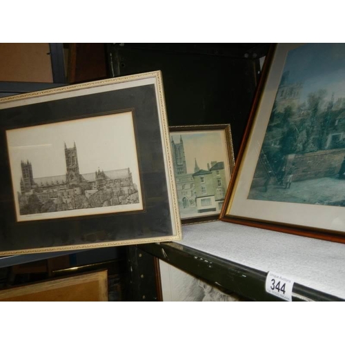 344 - A Shelf of pictures featuring Lincoln cathedral. COLLECT ONLY.