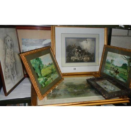 345 - A good lot of oil paintings, watercolour, etching etc., COLLECT ONLY.