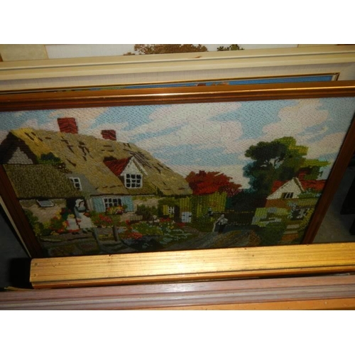 346 - A large lot of woolwork and embroidered pictures, COLLECT ONLY.