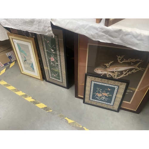 301 - A collection of framed and Chinese glazed silks (approx 5)