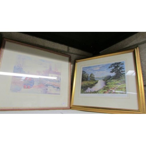 350 - Two shelves of framed and glazed prints and watercolours, COLLECT ONLY.