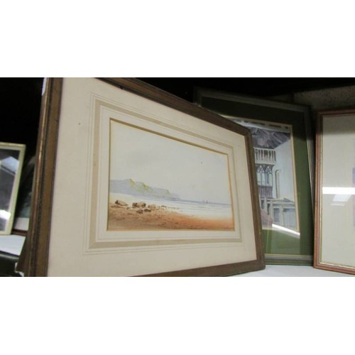 350 - Two shelves of framed and glazed prints and watercolours, COLLECT ONLY.