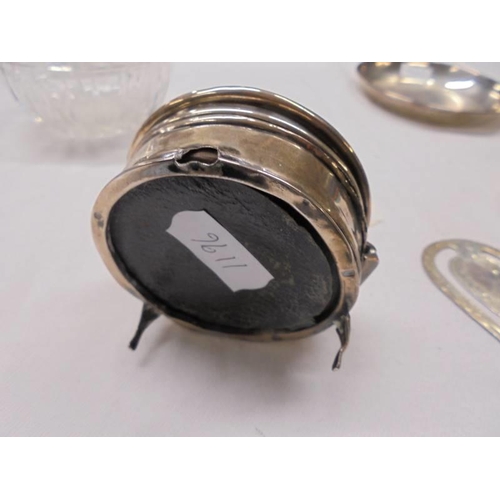 1114 - A silver topped scent bottle, silver pin tray, silver napkin ring, silver book mark and an a/f pill ... 