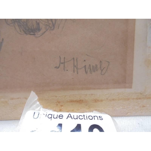 1119 - A small vintage drawing of dog heads, signed but indistinct.