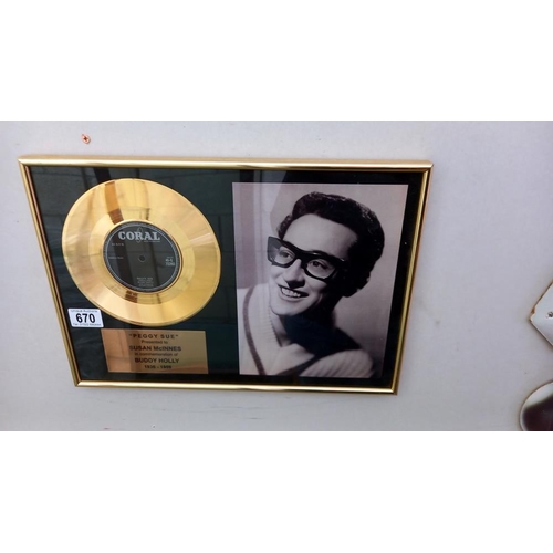 670 - Gold disc Peggy Sue, presented to Susan McInners. Buddy Holly Gold disc company + Buddy photo