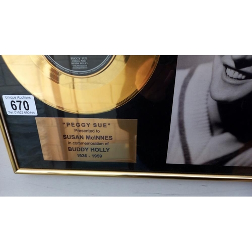 670 - Gold disc Peggy Sue, presented to Susan McInners. Buddy Holly Gold disc company + Buddy photo