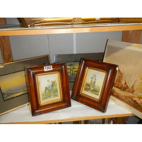 1353 - Two rosewood framed pictures and three others. COLLECT ONLY.