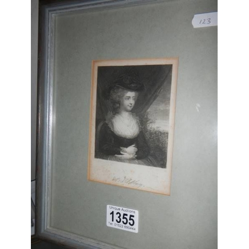 1355 - Two framed and glazed engravings, a picture of an elderly lady and one other picture. COLLECT ONLY.