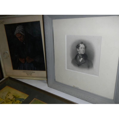 1355 - Two framed and glazed engravings, a picture of an elderly lady and one other picture. COLLECT ONLY.