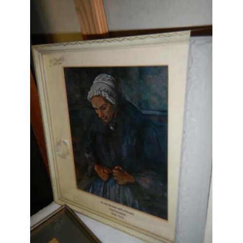 1355 - Two framed and glazed engravings, a picture of an elderly lady and one other picture. COLLECT ONLY.