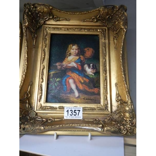 1357 - A gilt framed 20th century painting of a young girl with a dog, signed R Wilson, 30 x 25 cm.