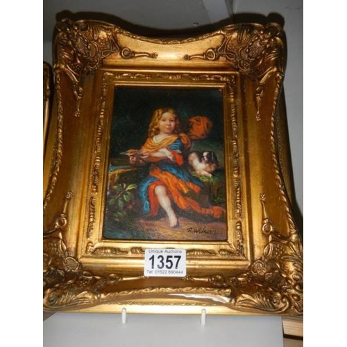 1357 - A gilt framed 20th century painting of a young girl with a dog, signed R Wilson, 30 x 25 cm.