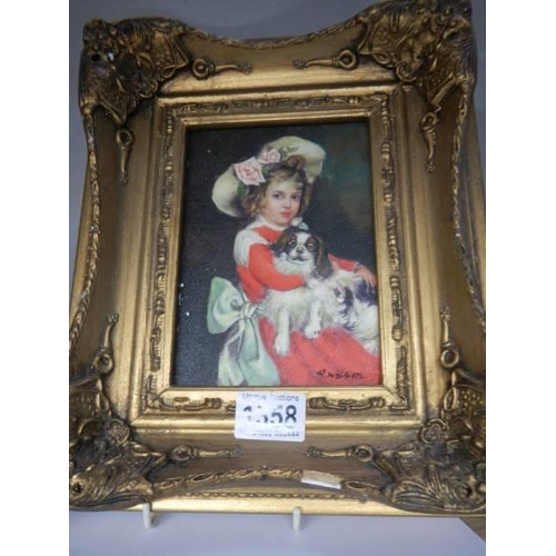 1358 - A gilt framed 20th century painting of a young girl with a dog, signed R Wilson, 30 x 25 cm.