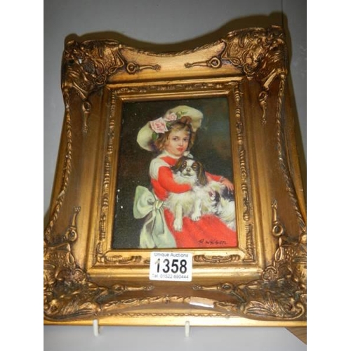 1358 - A gilt framed 20th century painting of a young girl with a dog, signed R Wilson, 30 x 25 cm.