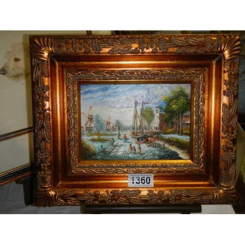 1360 - A gilt framed oil on board rural scene with windmills and fishing boats, 30 x 25 cm.