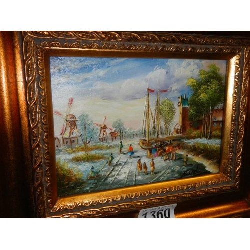 1360 - A gilt framed oil on board rural scene with windmills and fishing boats, 30 x 25 cm.