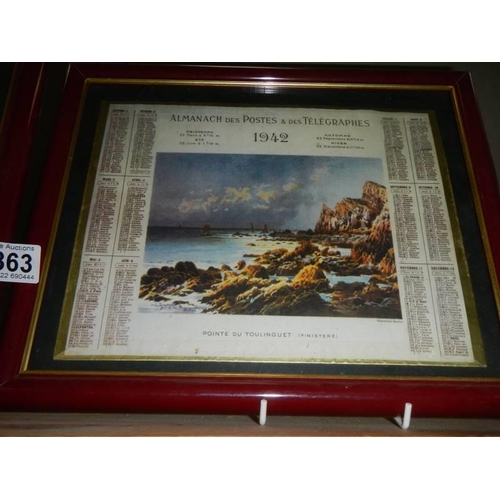 1363 - Two framed and glazed calendars, 1927 and 1942, COLLECT ONLY.