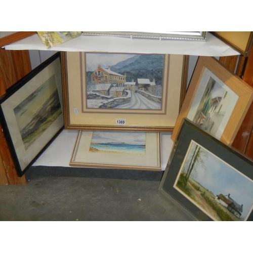 1369 - Five good framed and glazed watercolours, COLLECT ONLY.