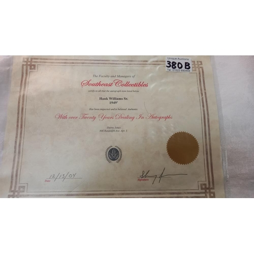 380B - A Hank Williams autograph with certificate of authentication