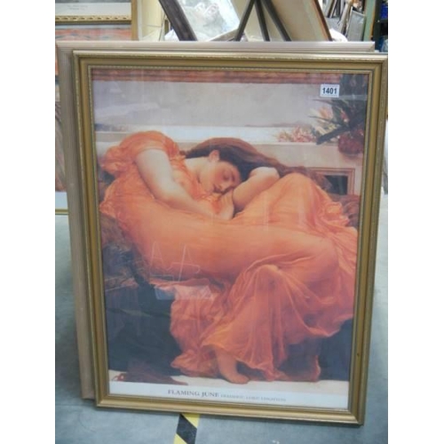 1401 - A framed and glazed print entitled 'Flaming June' by Frederick Lord Leighton, COLLECT ONLY.