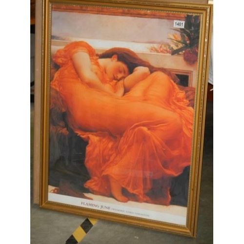 1401 - A framed and glazed print entitled 'Flaming June' by Frederick Lord Leighton, COLLECT ONLY.