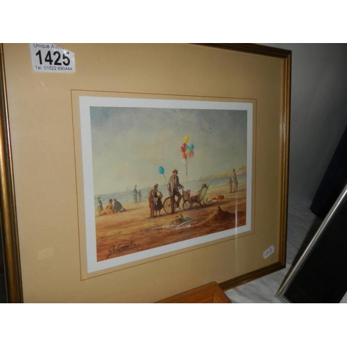 1425 - A framed and glazed watercolour and a pair of signed prints by R Cavella, COLLECT ONLY.