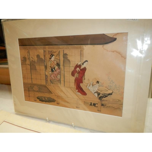 1437 - Two framed and glazed Chinese pictures and two unframed examples, COLLECT ONLY.