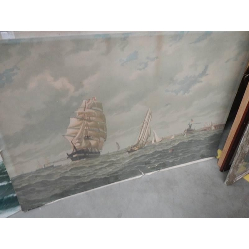 1465 - An unframed oil on board seascape and a print seascape. COLLECT ONLY.