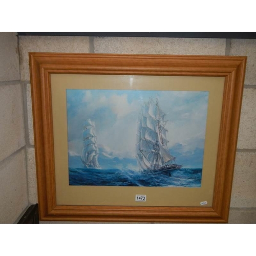 1473 - A good seascape print featuring tall ships, COLLECT ONLY.