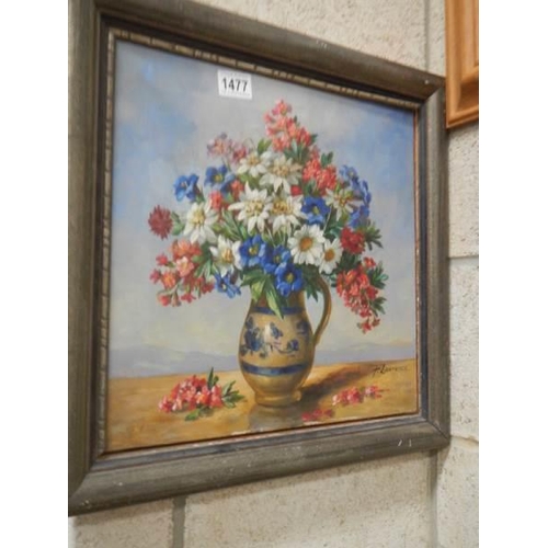 1477 - An oil on board painting of vase of flowers signed F Laurence, COLLECT ONLY.